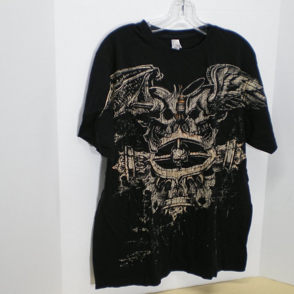 Ten Black Graphic Tee Shirt with Skull Design, Size XL